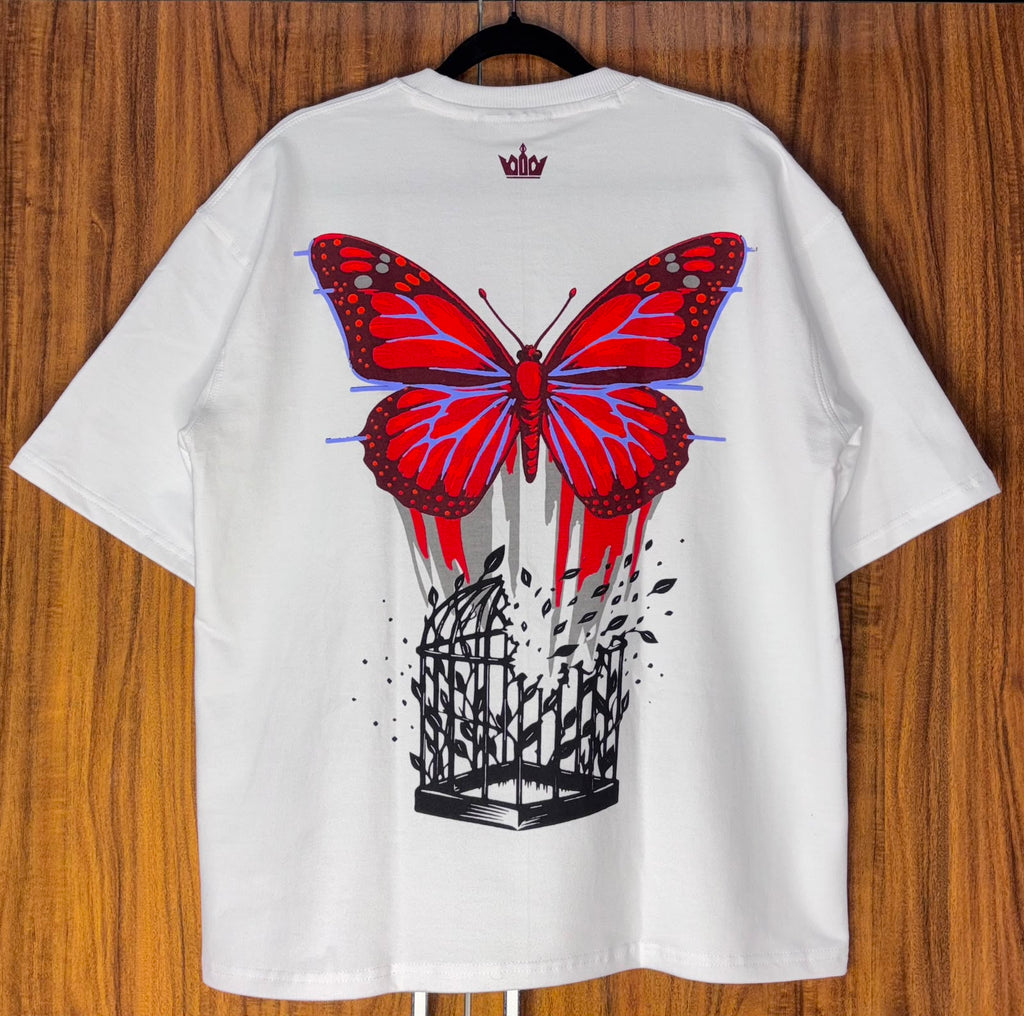RÉGNER The Butterfly oversized 300 GSM terry cotton T-shirt with butterfly and blue puff detailing
