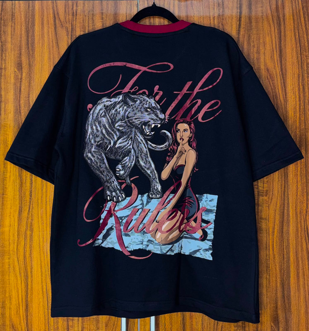 RÉGNER The Panther black oversized 300 GSM terry cotton T-shirt with detailed panther embroidery