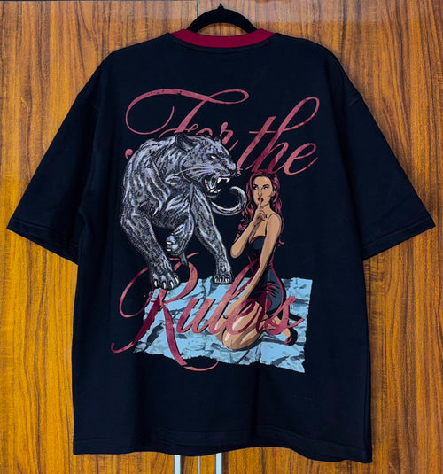 RÉGNER The Panther black oversized 300 GSM terry cotton T-shirt with detailed panther embroidery